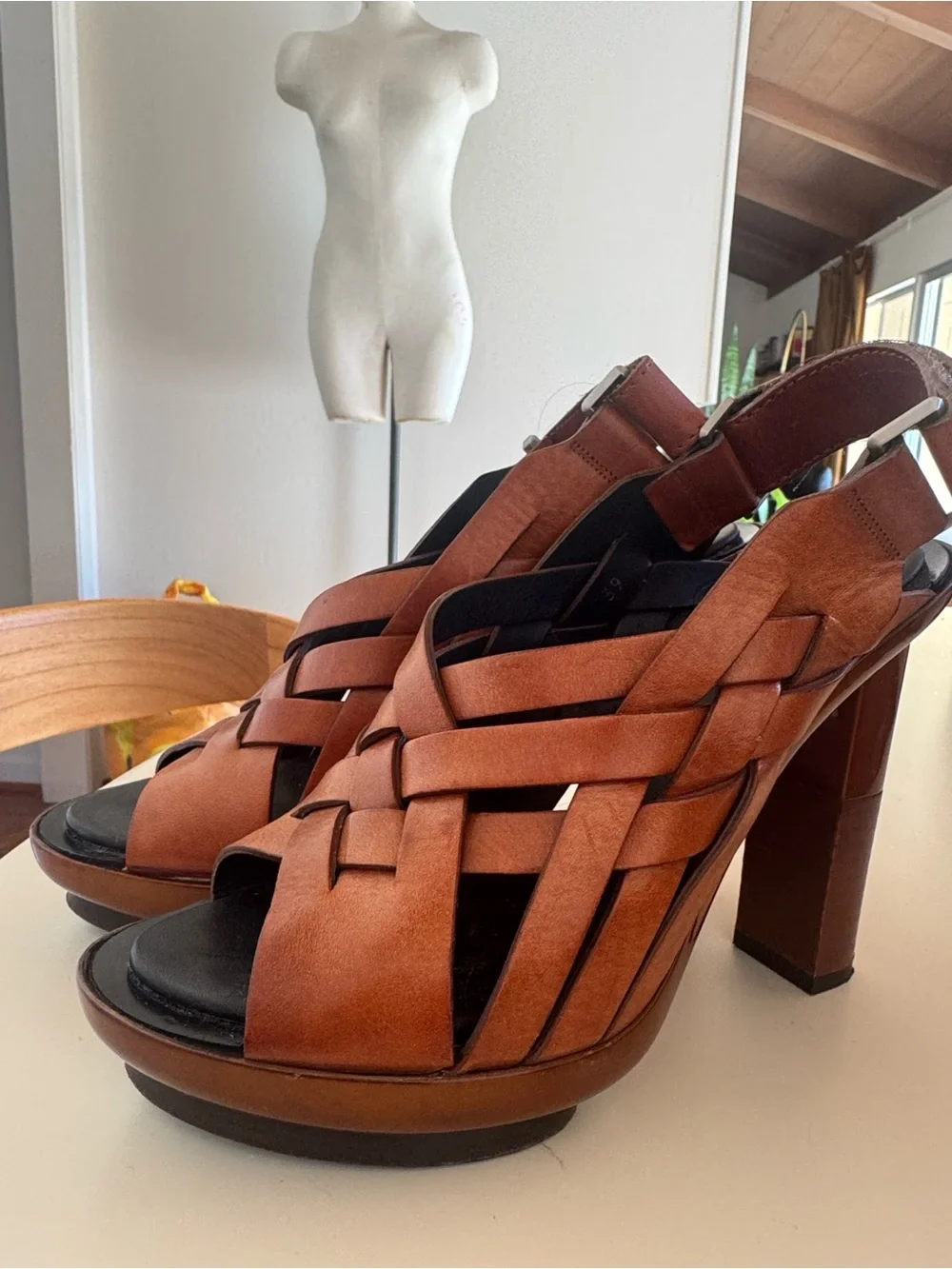 Calvin Klein Woven Leather Platform Slingback Heels - Brown